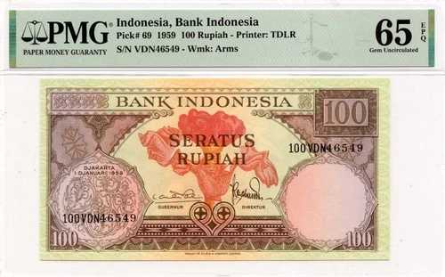 1959 100 ルピア インドネシア銀行 インドネシアピック#INO69 PMG gem65 EPQ-
