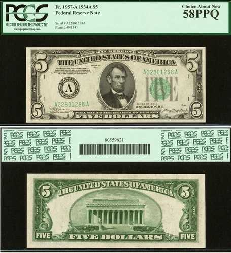 1934A 5ドル連邦準備銀行券 PCGS 58PPQ - ボストン - Fr 1957-A