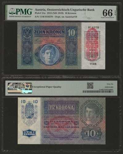 オーストリア 10クローネン 1915年（1919年）、オーバープリント、PMG 66 EPQ Gem UNC、100年以上前のもの