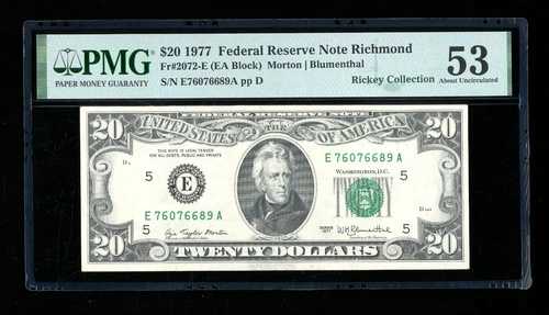 DBR 1977 $20 FRN リッチモンド Fr. 2072-E PMG 53 シリアル E76076689A