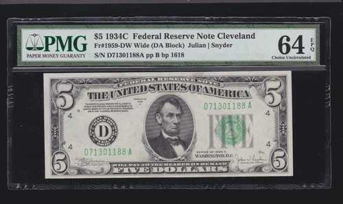 US 1934C $5 FRN クリーブランド ワイド FR 1959-DW PMG 64 EPQ V Ch CU (188)