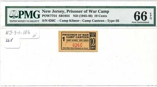 アメリカ第二次世界大戦捕虜収容所チット NJ-3-1-10b 10セント キルマー、ニュージャージー州 捕虜 PMG66EPQ