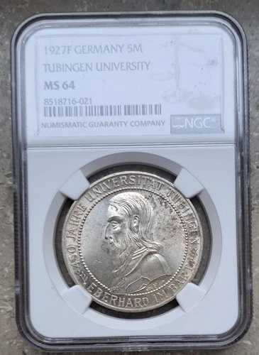 5マルク 1927 F 450周年 テュービンゲン大学 銀貨 エクセレント NGC MS 64-