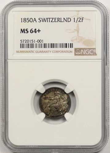 1850A スイス 銀貨 1/2フラン NGC MS 64 + プラスポップ= 1/9｜WORLD RESOURCE【QUEEN店】