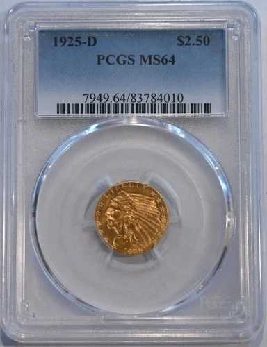 1925 D インディアン ゴールド クォーター イーグル $2.50 コイン PCGS グレード MS64 送料無料!!