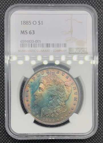 1885 O 1ドルモルガン銀貨 NGC MS63 レインボートーン / カラー