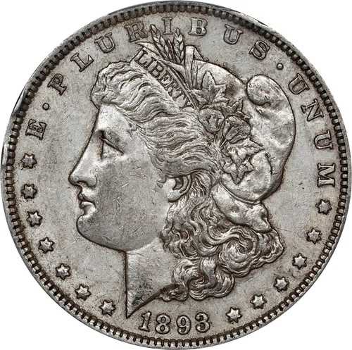 1893年製モルガン銀貨、PCGSグレードXF-45、ゴールドシールド。美しい経年変化が見られます。