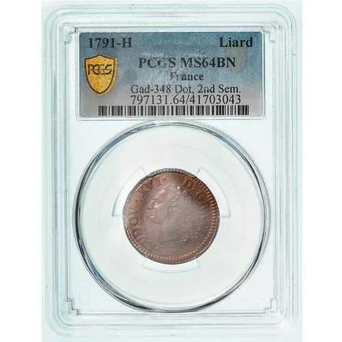 [#970667] コイン、フランス、ルイ 16 世、Liard、Liard、1791、ラ ロシェル、PCGS、MS64BN