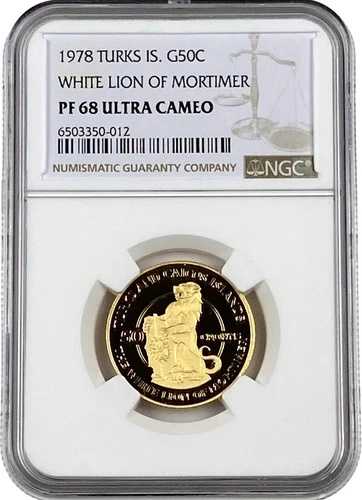 1978年 モーティマー・タークス諸島のホワイトライオン 金貨 50クラウン プルーフコイン NGC PF 68 UC