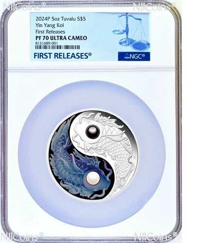 2024年 5オンス .9999 シルバー YIN YANG KOI プルーフカラー 5ドルコイン パール付き NGC PF70 FR