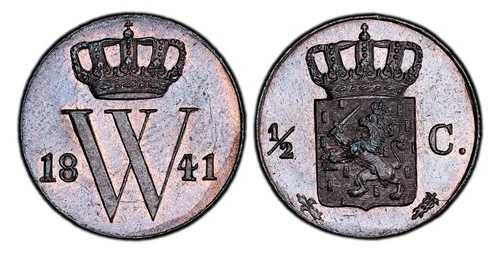 NETH. ウィリアム2世。1841年-(リス) (カドゥケウス) CU 1/2セント。PCGS MS65BN (ブラウン) KM 68
