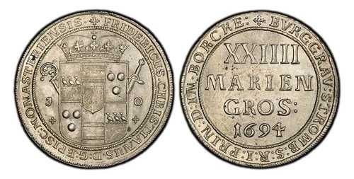 ドイツのSTミュンスター。 1694 JO 24 マリエングロッシェン、グルデン。 PCGS MS63 Dav.-693。