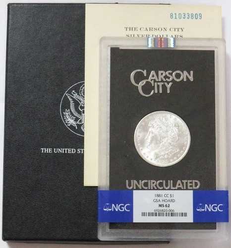 1881年CCカーソンシティモーガンシルバードルGSAホード$1 NGC MS 62ボックス＆COA 196,900円