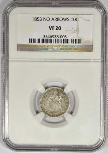 1853 年 着席型自由の女神ダイム ~ 矢なし ~ NGC VF20 ~ 完全な自由の女神像、問題なし!