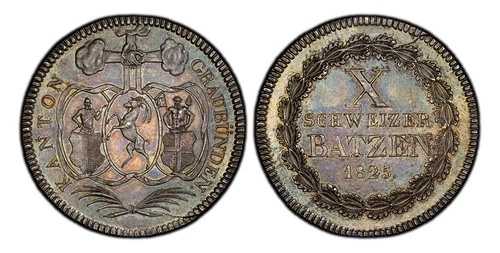 スイスのカントン。グラウビュンデン。 1825 N AR 10 バッツェン。 PCGS MS64。 KM12; HMZ 2-603a|WORLD RESOURCE【QUEEN店】