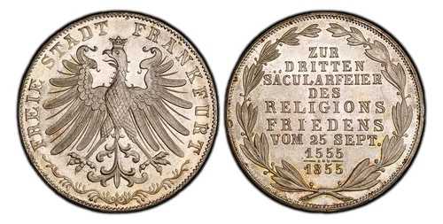 ドイツ製 ST フランクフルト・アム・マイン。1855年 AR 2 グルデン。PCGS MS66。Dav.-647; AKS 42｜WORLD RESOURCE【QUEEN店】