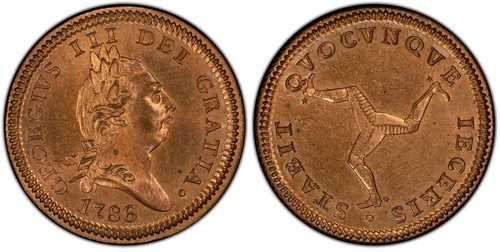 マン島。ジョージ三世。 1786 CU ペニー。 PCGS MS64RB トリスケレス。キロ9.1｜WORLD RESOURCE【QUEEN店】
