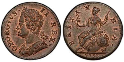 イギリス、ジョージ2世、1753年製、CUハーフペニー、PCGS MS64BN（ブラウン）。KM 579.2｜WORLD RESOURCE【QUEEN店】