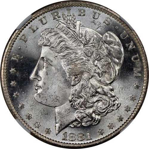 1881-S 1ドル モルガン・ダラー NGC MS67 派手なブラストホワイトの光沢のある宝石、クリーンチーク付き