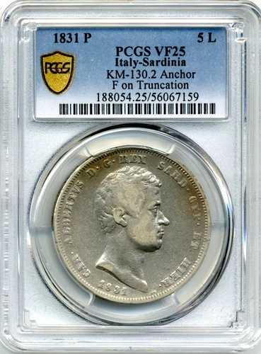 1831年 P イタリア-サルデーニャ 5リラ、カルロ・アルベルト、アンカー - PCGS VF25、希少品｜WORLD RESOURCE【QUEEN店】