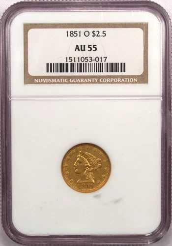 1851-O リバティヘッド 2.5ドル金貨クォーターイーグル、NGC AU55、未使用品｜WORLD RESOURCE【QUEEN店】