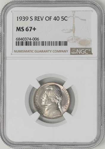 1939-S ジェファーソン・ニッケル 5セント 裏面 40枚 MS67+ NGC ~ Pop 1、これ以上のものはなし！ 948465-5｜WORLD RESOURCE【QUEEN店】