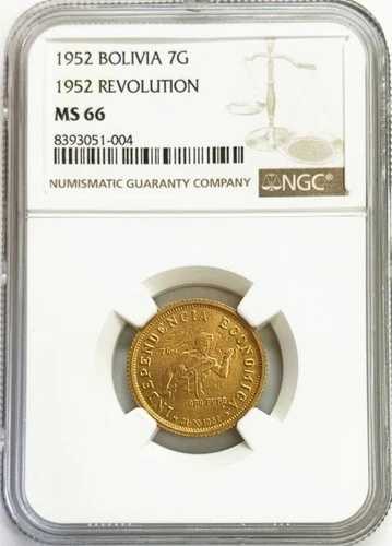 1952年 ボリビア 金貨 7グラモス (10ボリビアノ) 革命記念硬貨 NGC ミント ステート 66