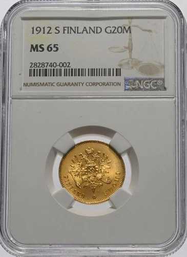 フィンランド、ゴールド 20 MARKKAA 1912 S - NGC MS 65、レア 13