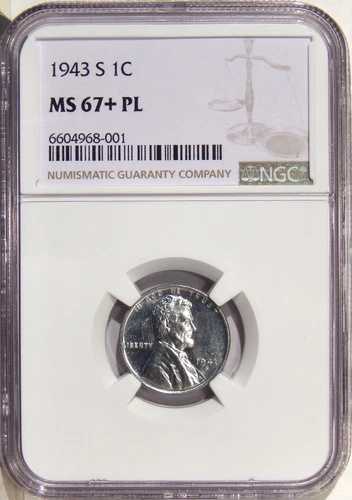 1943-S 1セント NGC MS 67+ PL ~ ローポップ プルーフライク スチール リンカーン セント 274,725円