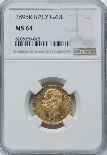 イタリア、金貨 20 リラ 1893 R NGC MS 64、希少2 274,725円