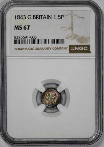 1843年 イギリス 1.5ペンス NCG MS 67 素晴らしい鮮やかな色調