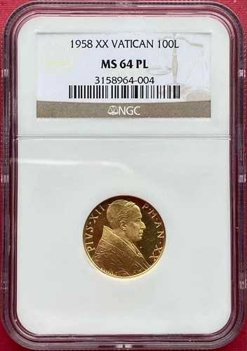 イタリア - バチカン、金貨 100 リラ ピウス 12 世紀 1958 年 NGC MS 64 PL、希少1