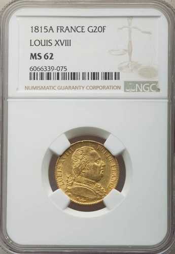 フランス、金貨 20 フラン 1815 A パリ - ルイ 18 世 - NGC MS 62、希少7