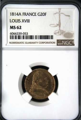 フランス、金貨 20 フラン 1814 A パリ - ルイ 18 世 - NGC MS 62、希少3｜WORLD RESOURCE【QUEEN店】