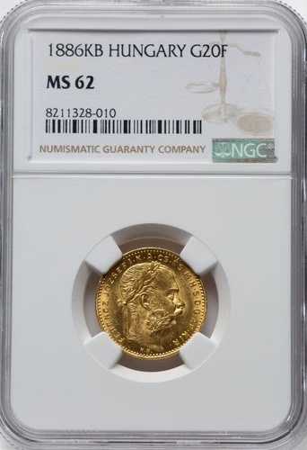 ハンガリー、フランツ・ヨーゼフ1世 金貨 8フォリント 20フラン 1886 KB - NGC MS 62、RARE3 274,725円