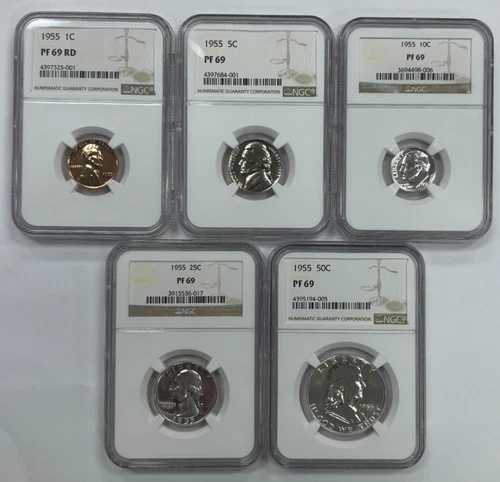 1955年 1C、5C、10C、25C、50C 5枚プルーフセット NGC PF 69