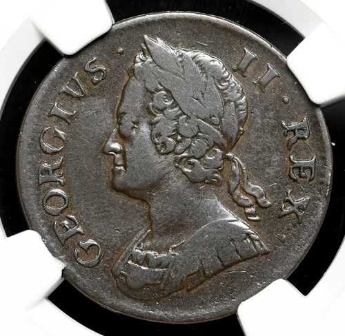 イギリス。ジョージ2世、銅製ハーフペニー、1753年、NGC XF40 BN
