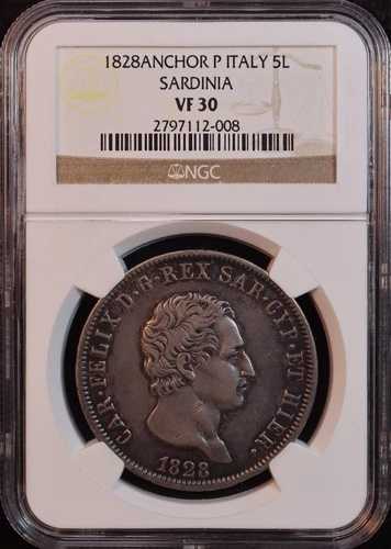 1828年 イタリア、サルデーニャ島「シャルル・フェリックス」5リラ - NGC VF30 - 素晴らしい外観！PQ