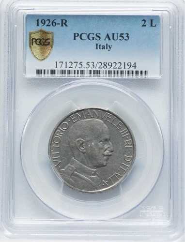 イタリア王国 1926-R 2リラ硬貨、NGC認定 AU53、希少な日付