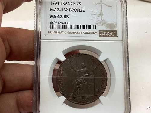 1791年 フランス 2ソル NGC MS62 ブラウン MAZ-152 ブロンズ