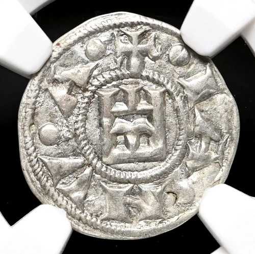 イタリア諸州、ジェノヴァ共和国。銀貨デナロ、1139-1339年、NGC AU58