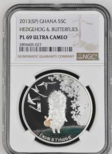 5 CEDIS 2013 ガーナ アニメーション 霧の中のハリネズミと蝶 シルバー プルーフ NGC PF69