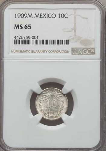 メキシコ エスタドス ウニドス 1909 10 センタボス コイン 認定宝石 未流通 NGC MS-65