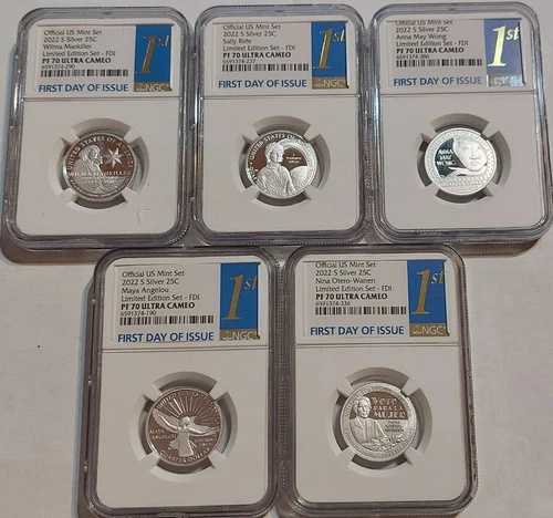 2022-S 発行初日 5 コイン PF70 セット NGC アメリカン・ウーマン シルバー 25セント クォーター