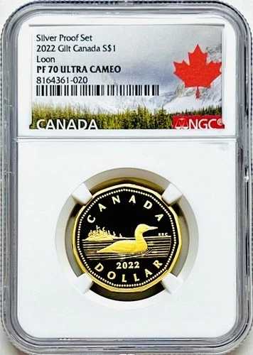 2022年 1ドル カナダ シルバー ルーニー 24K ゴールド ギルト NGC PF 70 UCAM ルーン エクストリーム ロー ポップ 6