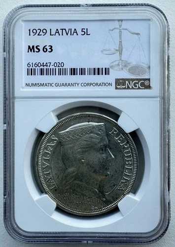 NGC MS63 ラトビア 1929 銀貨 5 ラティ