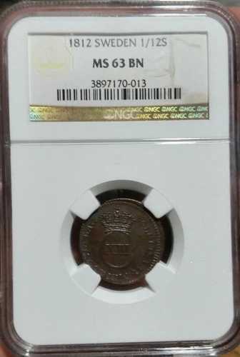 1812年 スウェーデン 1/12 スキリング NGC MS-63 。希少グレード
