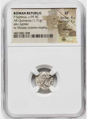 ローマ共和国 P. サビヌス 紀元前99年 銀製 クィナリウス NGC XF 木星、勝利