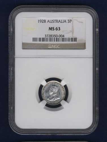オーストラリア 1928年 スリーペンス銀貨、未流通品、NGC MS-63認定