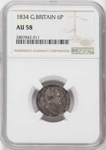 イギリス ウィリアム3世 1834年 6ペンス銀貨 NGC ほぼ未使用 58